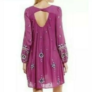 Bohemian Embroidered Floral Mini Open Back Tunic Dress Pink Lilac XS FREE PEOPLE